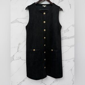 JODIFL Black Sleeveless Mini Dress with Gold Buttons and Patch Pockets